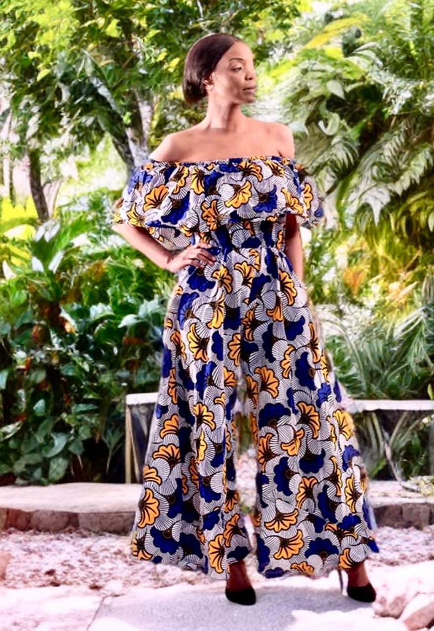 Blue-Yellow Floral Off Shoulder jumpsuit