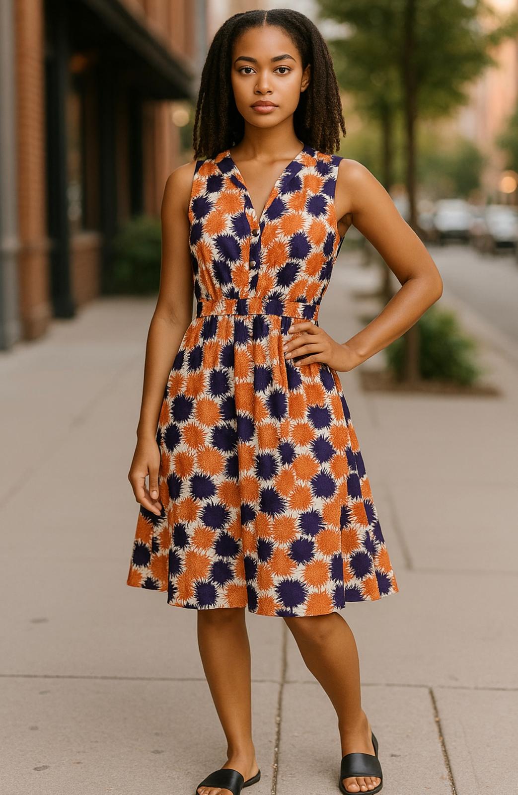 African Pattern Orange-Black Flare Short Dress
