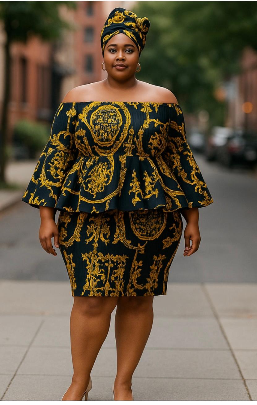 African Pattern gold-black smocking short off-shoulder dress