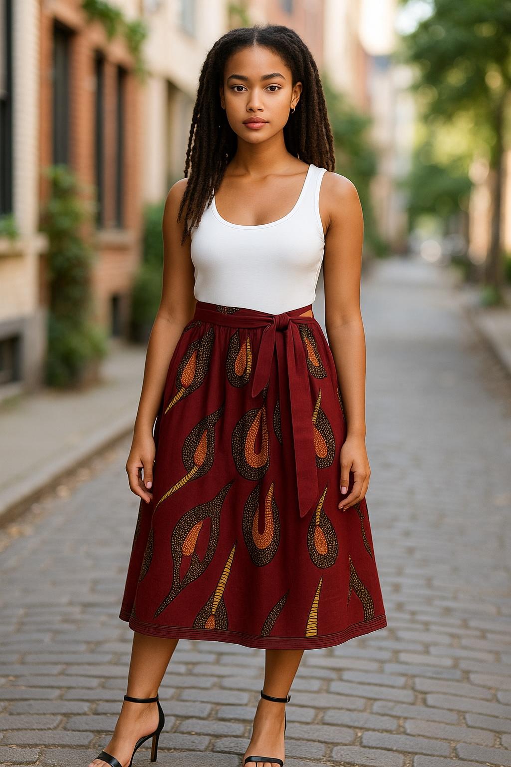 Burgundy & Gold African Print Flared short skirt