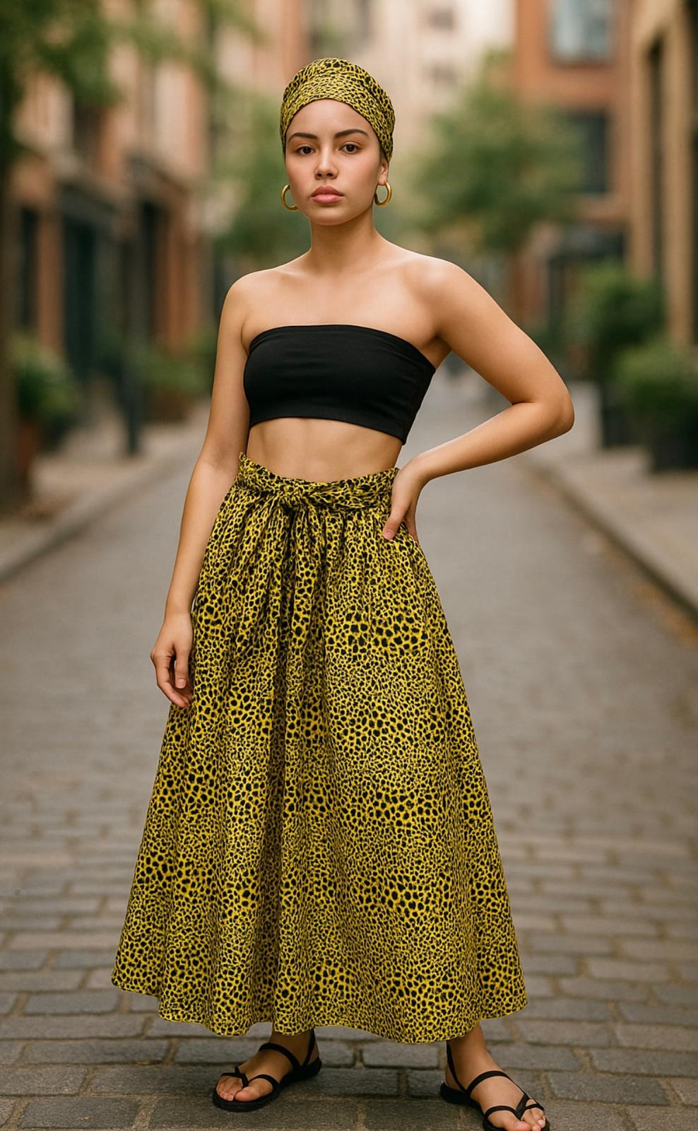 Yellow & Black Mud Print Maxi Skirt