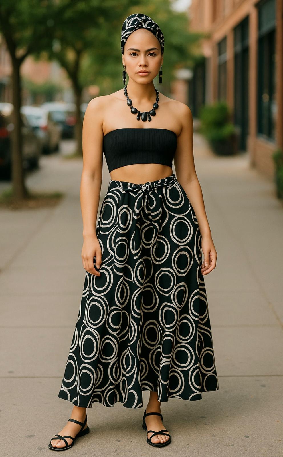 White Multi-Circle Black Mud Print Maxi Skirt