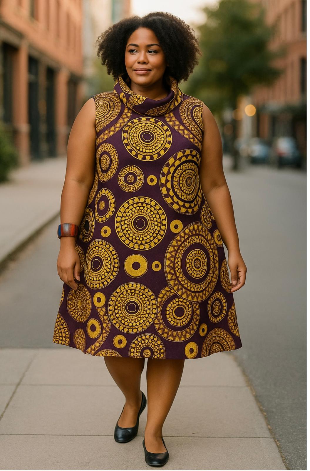 Purple-Yellow Tribal Print Collar Dress