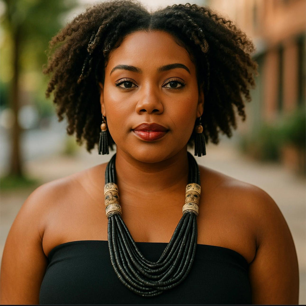 Black Dangling Bamboo Necklace Earrings Set