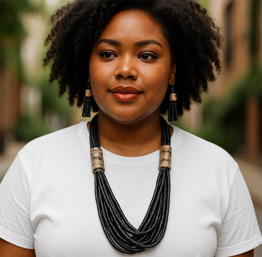 Black Dangling Bamboo Necklace Earrings Set