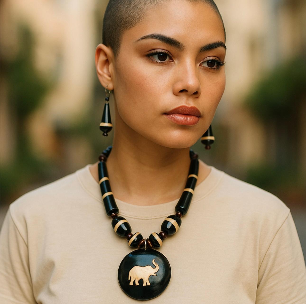 Black Beads Elephant Necklace Earrings Set