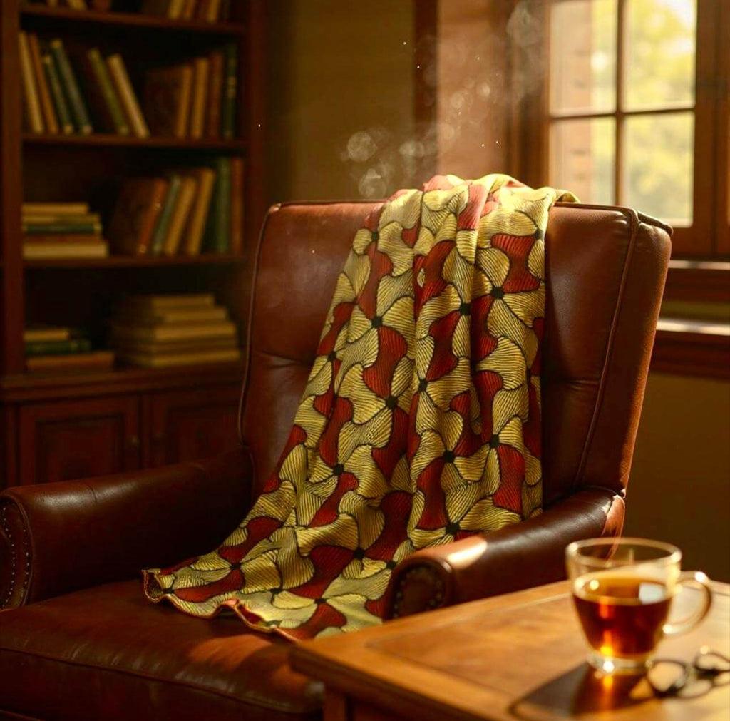 Cheleb Burgundy and gold scarf draped over a chair, showcasing a cozy workspace with a cup of tea.