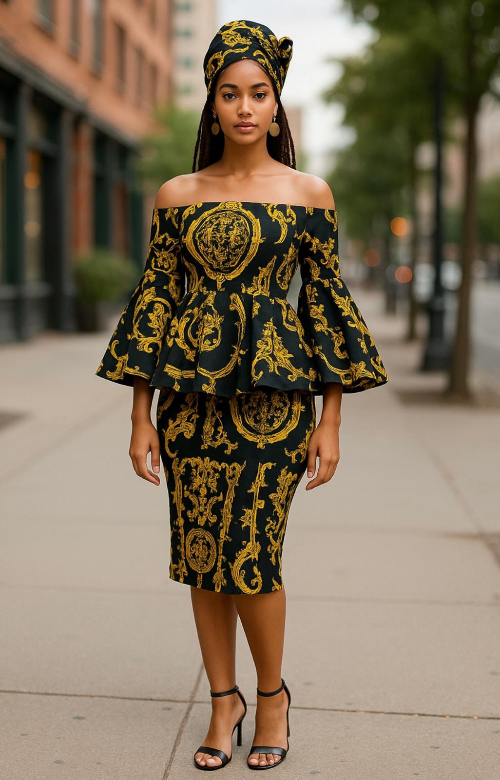 African Pattern gold-black smocking short off-shoulder dress
