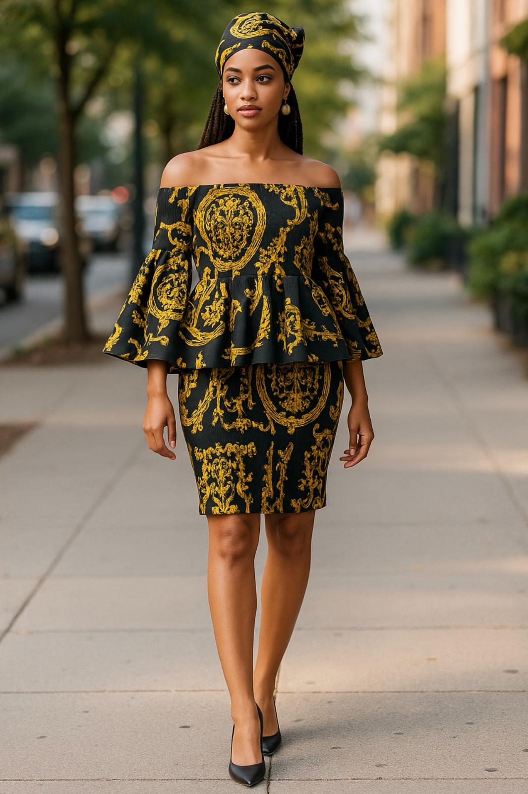 African Pattern gold-black smocking short off-shoulder dress
