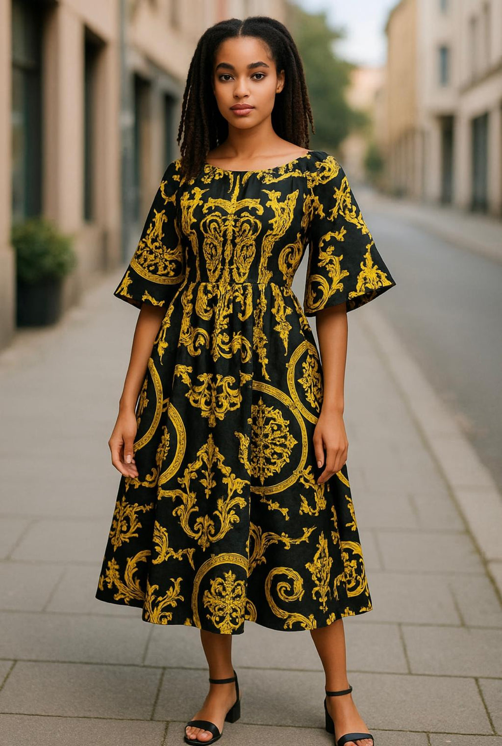 African Pattern gold-black smocking short off-shoulder dress