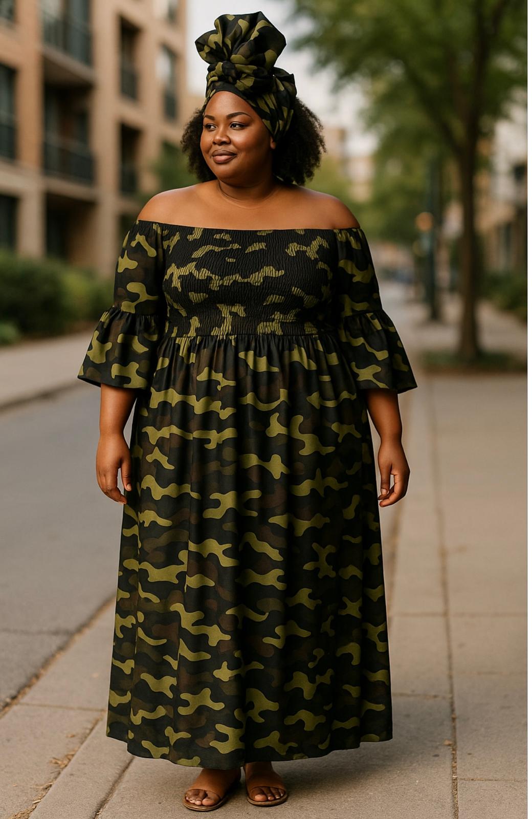 Camouflage Print Off Shoulder Dress