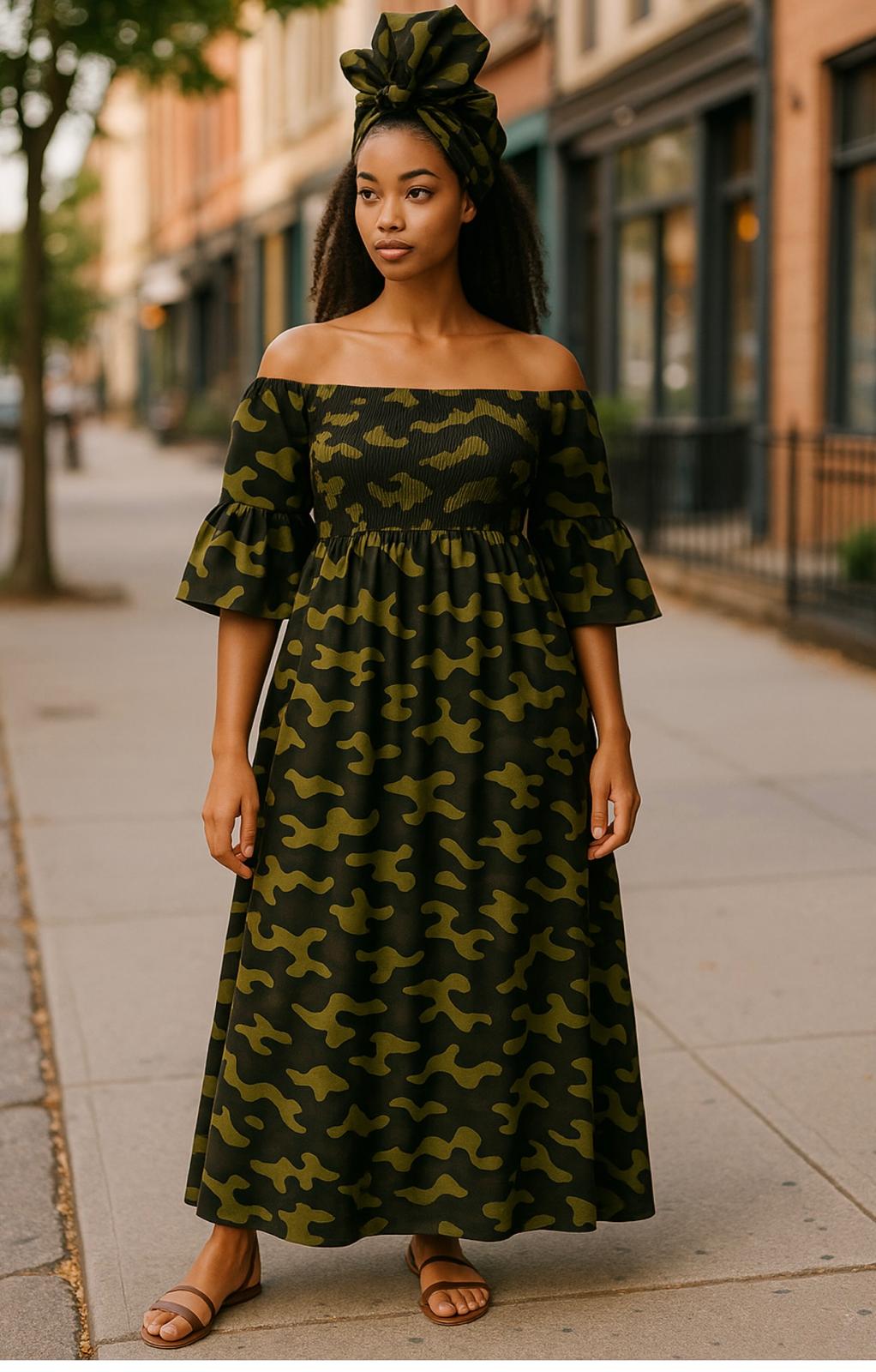 Camouflage Print Off Shoulder Dress