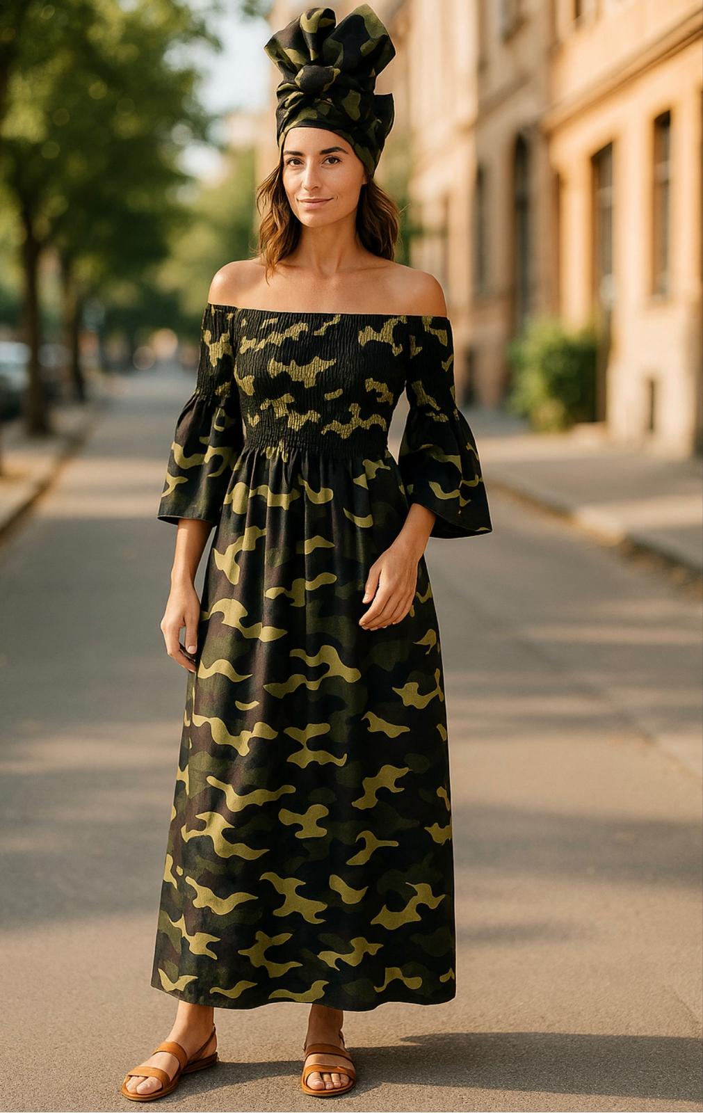 Camouflage Print Off Shoulder Dress