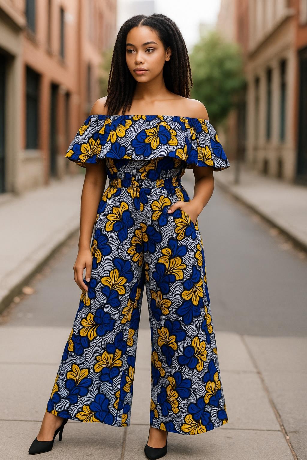 Blue-Yellow Floral Off Shoulder jumpsuit