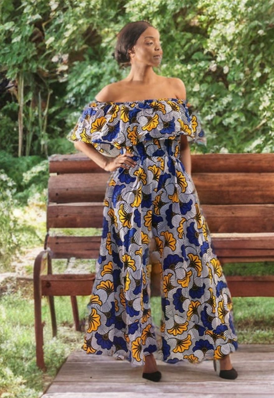 Blue-Yellow Floral Off Shoulder jumpsuit